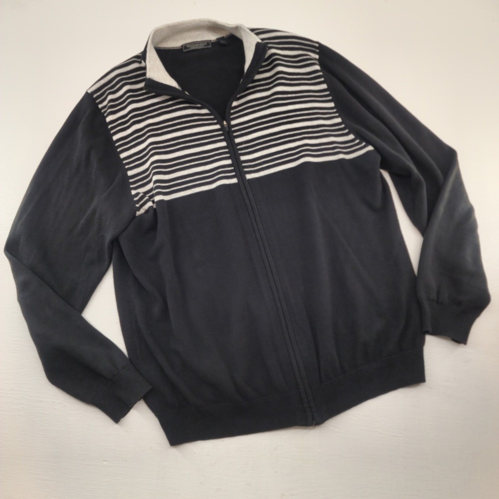 Williams & Kent Mens Large Black Striped Full Zip Cotton Cardigan Sweater